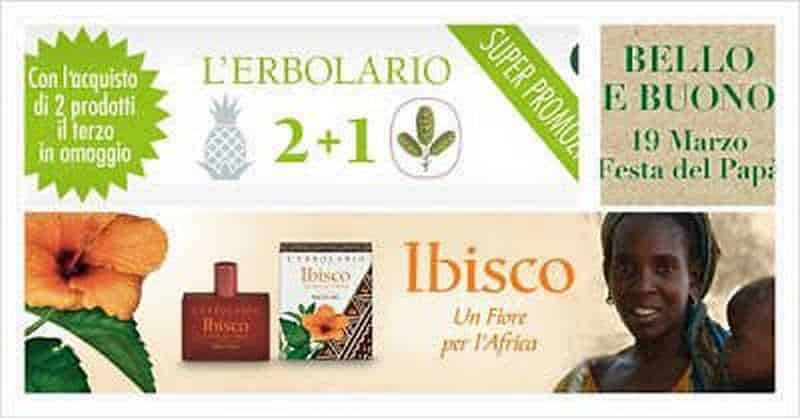 Profumo di Ibiza e di Africa, con prodotti naturali per il benessere, promozione speciale 2+1, Festa del Papà, e offerte di erboristeria con immagini di frutta e un sorriso di una donna africana.