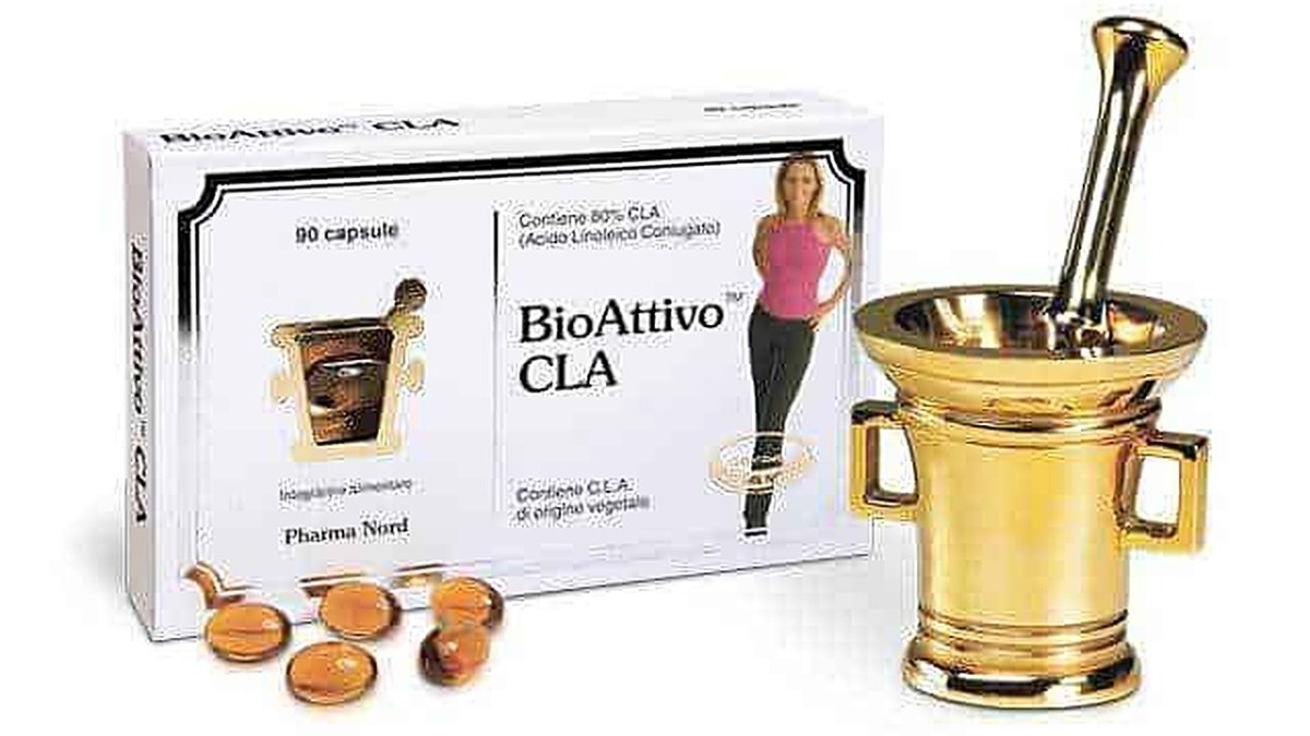 BioAttivo CLA integratore naturale per il controllo del peso, capsule di acido linoleico con immagine di donna in forma e un mortaio in oro usato in cucina o preparazioni naturali.