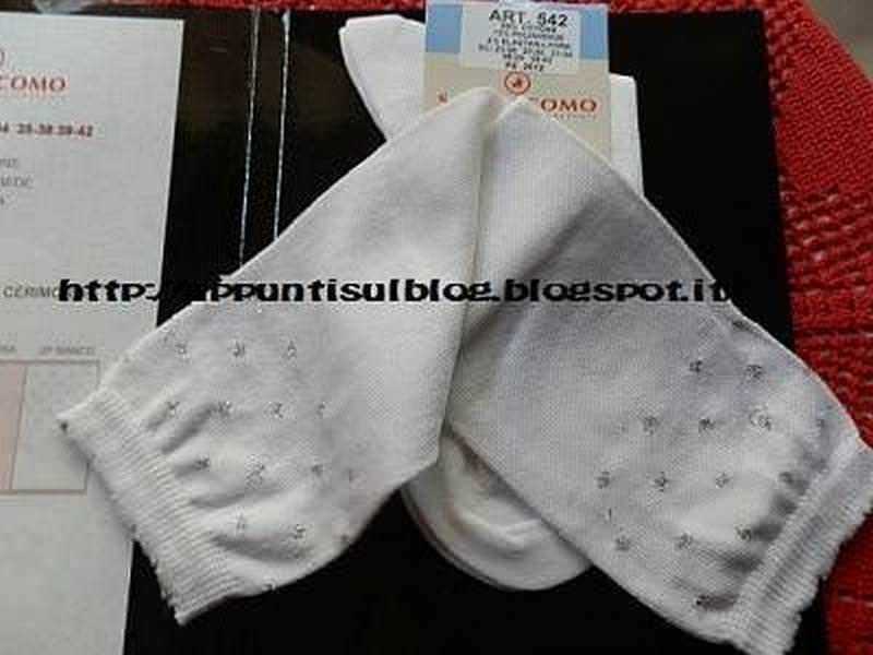 Calzini bianchi con piccole decorazioni, posizionati su un tavolo con documenti e scontrino, in stile casual e daily life.