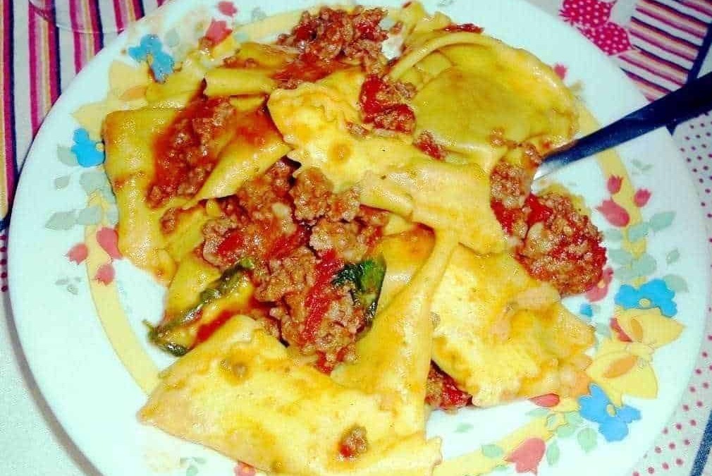 Pasta fresca con ragù di carne e verdure, piatto tradizionale italiano, cucinato e servito in un piatto decorato con fiore e colori vivaci, forchetta a fianco, atmosfera casalinga e autentica.