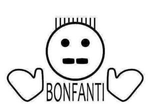 Bonfanti, mascotte disegnata con linee semplici, simbolo di amicizia e creatività, con due cuori e faccina stilizzata, ideale per contenuti di blog e community.