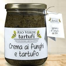 Crema ai funghi e tartufo artigianale in barattolo, prodotto tipico Rio Verde Tartufi, condimento gourmet per piatti di alta cucina, senza conservanti o additivi.