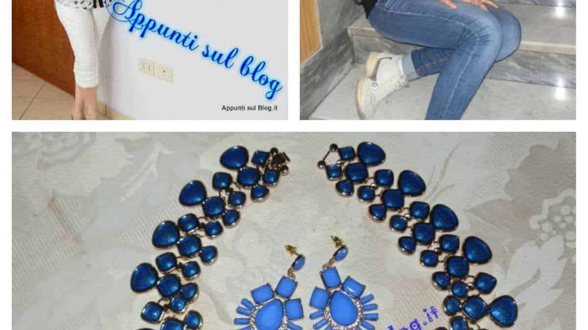 Romwe: - Collage di foto con donne che indossano abiti colorati e accessori blu, con il logo "Appunti sul Blog" in evidenza, in un ambiente casalingo e informale.