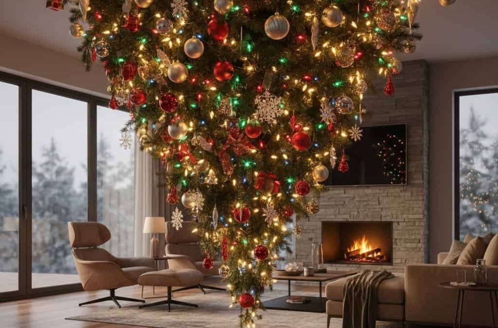 Albero di Natale, decorazioni festive, luci natalizie, soggiorno moderno, atmosfera calda, decorazioni di Natale, ambiente familiare, design elegante, atmosfera natalizia rilassante.