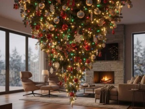 Albero di Natale, decorazioni festive, luci natalizie, soggiorno moderno, atmosfera calda, decorazioni di Natale, ambiente familiare, design elegante, atmosfera natalizia rilassante.