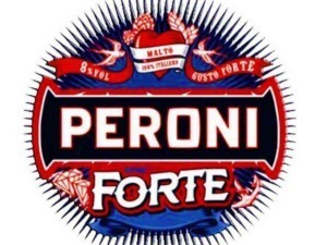Peroni Forte logo, birra italiana forte e gustosa, con elementi grafici colorati e decori vivaci, ideale per articoli su birre italiane e tradizione brassicola.