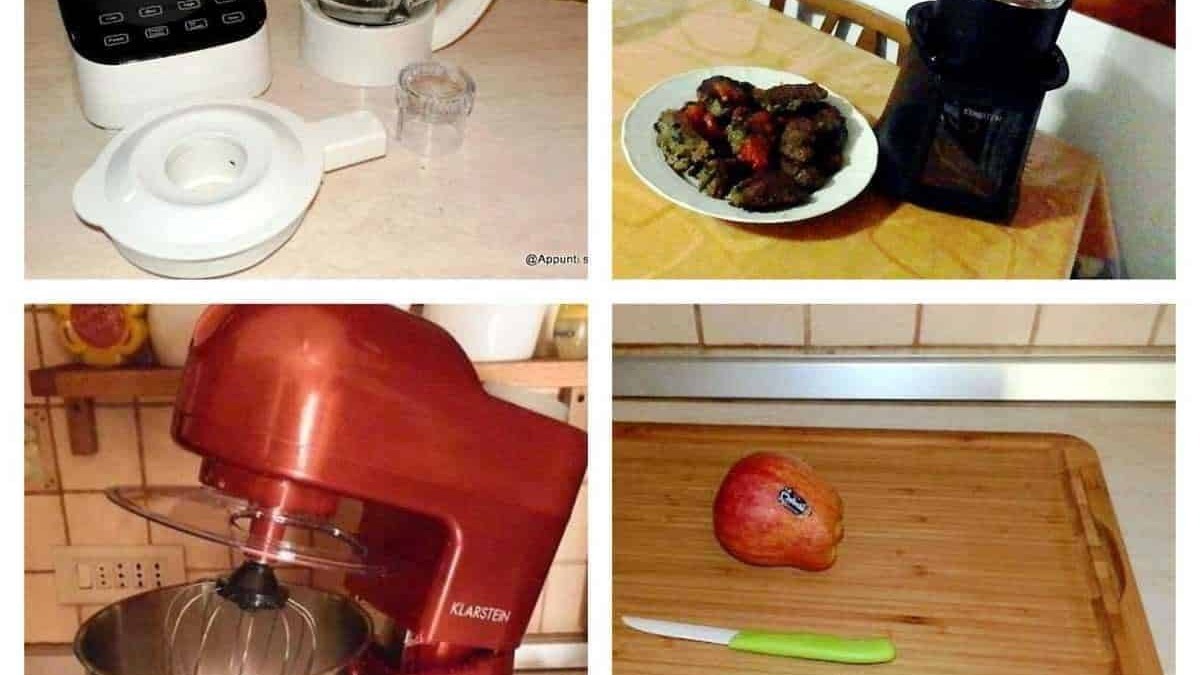 Altezza alt: Elettrodomestici da cucina e utensili per la preparazione dei pasti come frullatore, robot da cucina e coltello.
