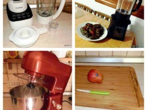 Altezza alt: Elettrodomestici da cucina e utensili per la preparazione dei pasti come frullatore, robot da cucina e coltello.