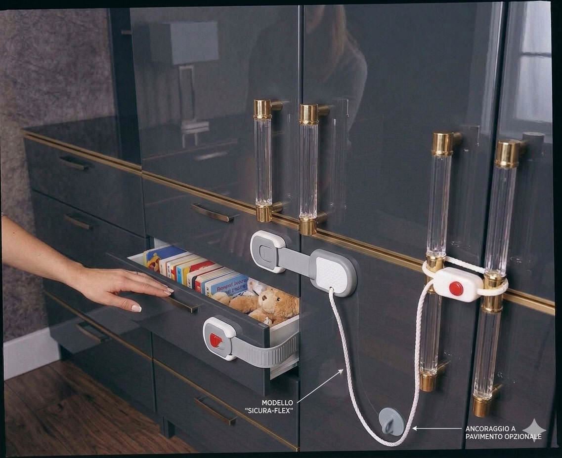 Sistema di blocco a laccio per ante di armadi, ideale per prevenire aperture accidentali e migliorare la sicurezza, con design discreto e facile da installare.