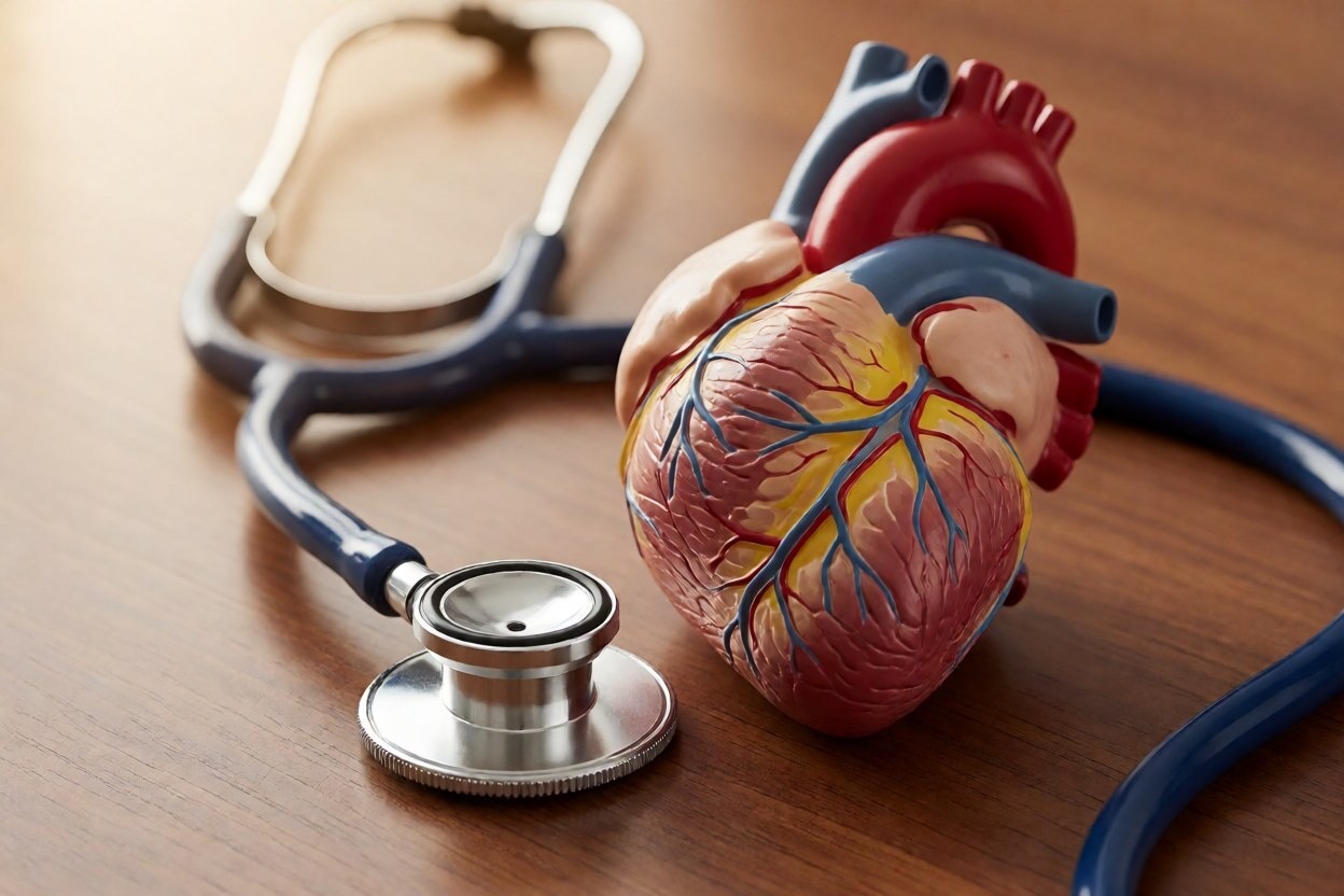 Colesterolo con le statine: stetoscopio accanto a un modello anatomico del cuore, tema salute cardiovascolare