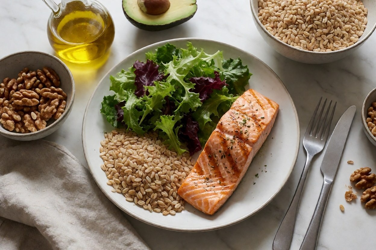 Colesterolo con le statine: pasto sano con salmone grigliato, insalata, cereali integrali e frutta secca per il controllo del colesterolo