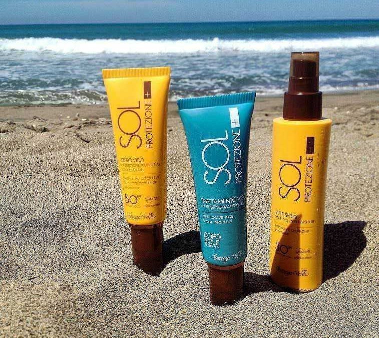 Sol protezione solare crema viso, spray e trattamento doposole per proteggere la pelle dal sole, ideale da usare in spiaggia, con SPF 50+.