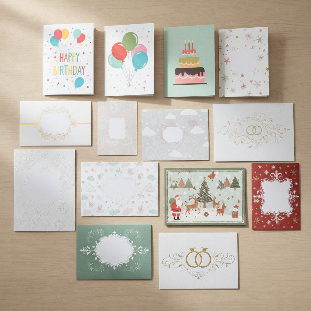 Cartoline di auguri con motivi festivi natalizi, compleanno e matrimonio, perfette per regali, decorazioni e inviti speciali. Ideali per occasioni di festa e ricorrenze.