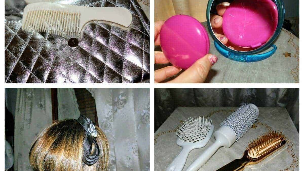 Pulizia strumenti da parrucchiere, specchio con palla di Dyson, acconciatura con fascia, e spazzole e pettini professionali. Strumenti essenziali per parrucchieri e hairstylist.