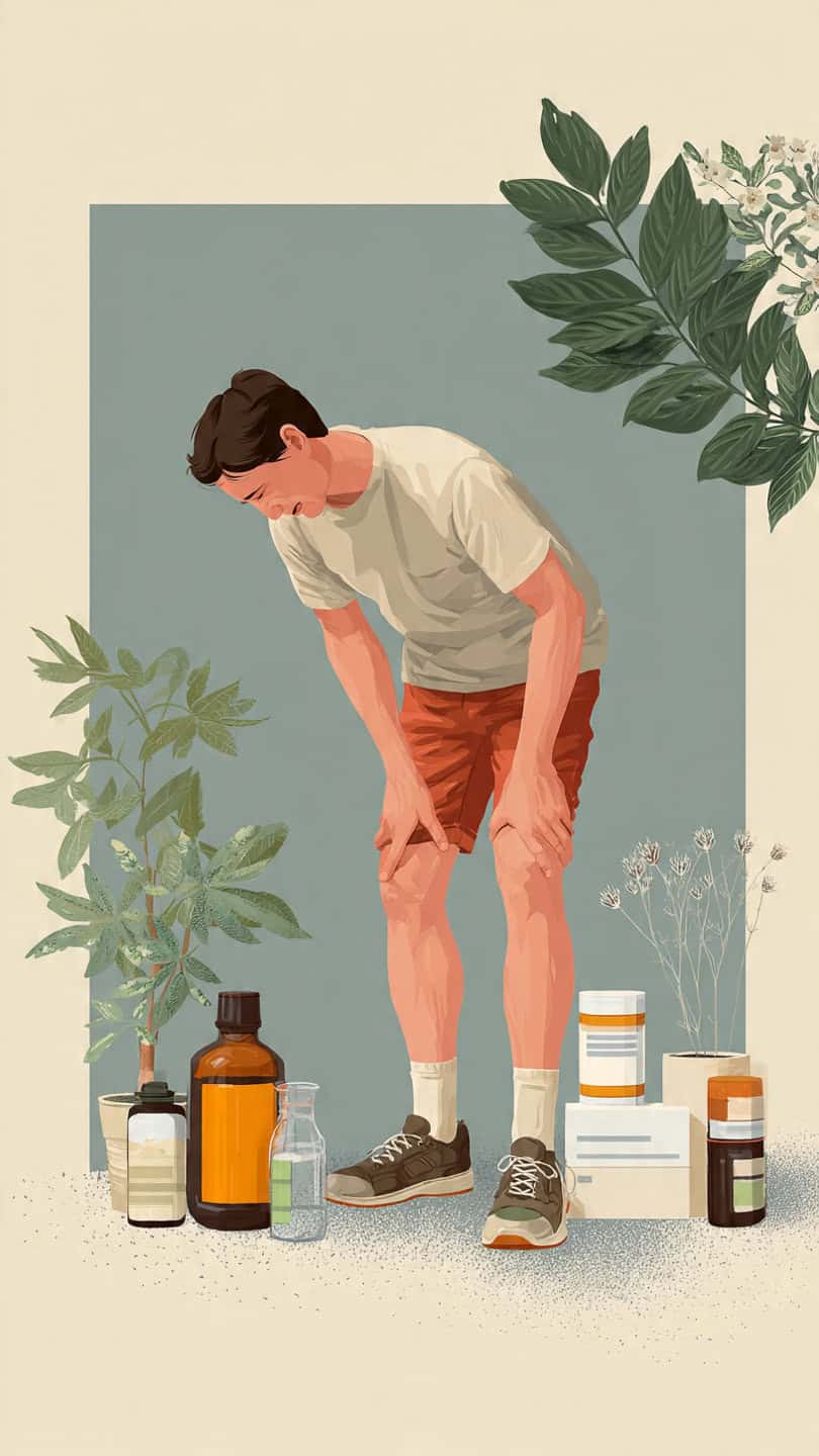 Tendinite come curarla con prodotti naturali. Uomo con dolore alle gambe, circondato da integratori e piante medicinali, rappresenta il bisogno di cura e riposo muscolare.