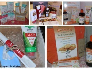 Profumi naturali e prodotti biologici per la cura della pelle e del corpo, tra cui oli di mandorle dolci e aloe vera, ideali per un regime di benessere naturale e quotidiano.