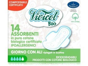 Violet Bio assorbenti in cotone biologico certificato ipoallergenici, confezione da 14 pezzi, adatti a pelli sensibili e biodegradabili, ideale per l'igiene quotidiana con alta assorbenza.