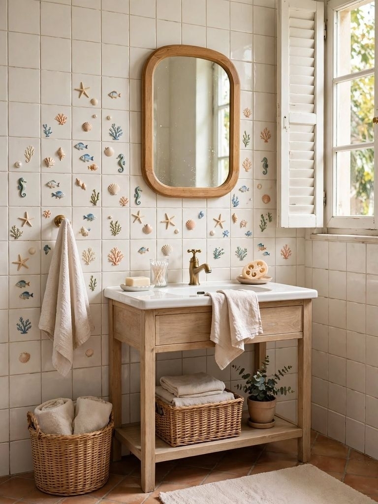 Crearreda adesivi decorativi con pesciolini e conchiglie nel bagno