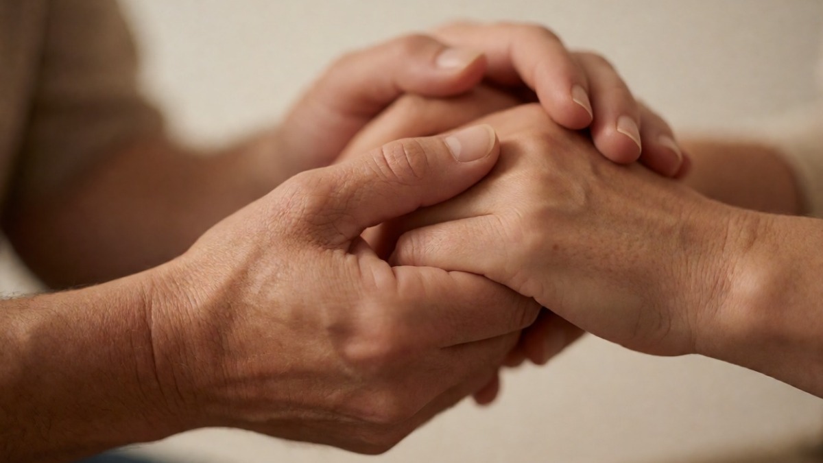 Mani che si aiutano in un gesto di supporto, simbolo di cura e compassione, rappresentano l'empatia e il conforto tra le persone, in un contesto di amicizia e solidarietà.
