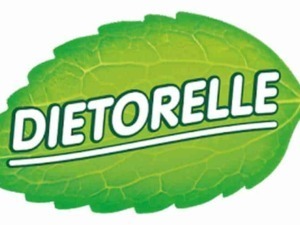 Foglia di menta con logo Dietorelle, dolci senza zucchero, snack salutari, gusti di mentolo, farmacie e negozi di alimentari, prodotti dietetici, benessere e alimentazione sana.