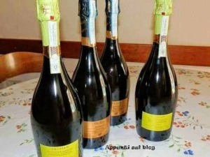 Bottiglie di champagne con etichette variopinte, posizionate su un tavolo decorato con stemmi floreali, scena di festa e relax.