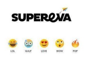 Emoji di reazioni social: LOL, Gulp, Love, WOW, Pop, su sfondo bianco con il testo SUPEROVA in alto, rappresenta le diverse emozioni online.