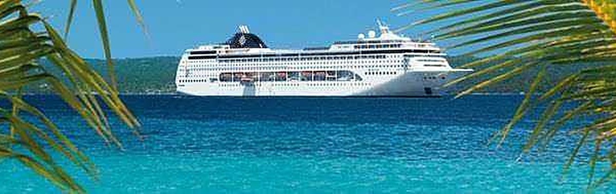 Grande nave da crociera in mare con paesaggio tropicale e palme, immagini di vacanze estive e crociere di lusso, destinazioni turistiche e relax in mare aperto.
