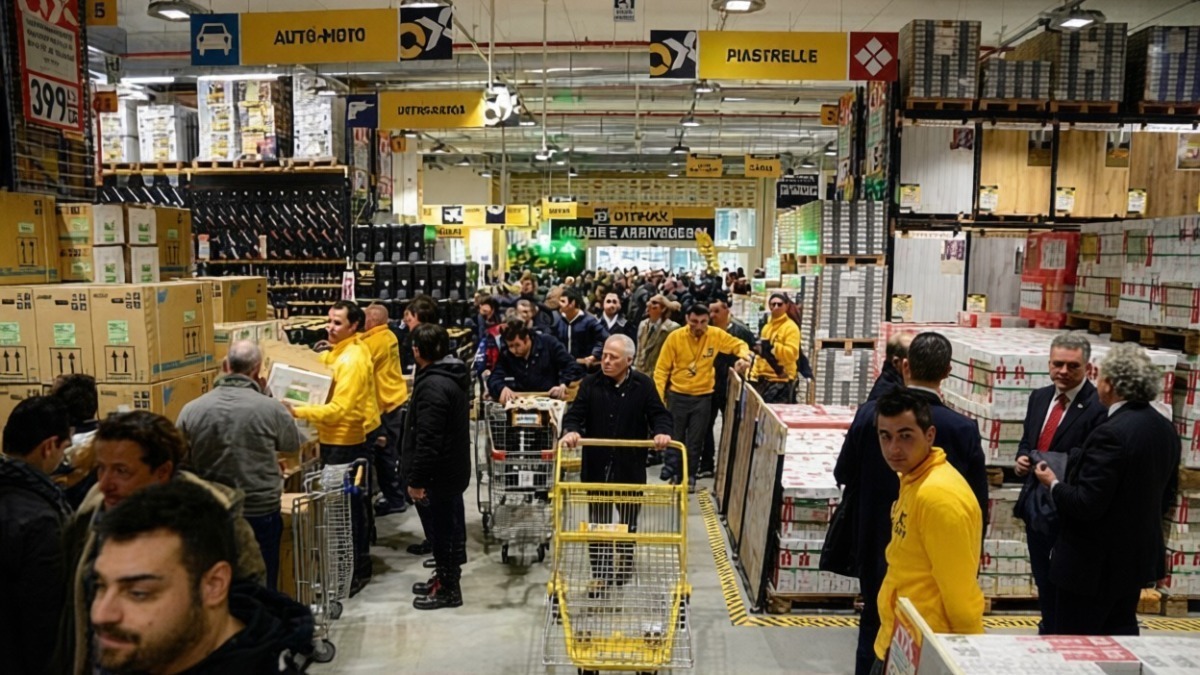 Cartelloni negozio di alimentari con clienti e personale che fanno spesa e acquisti. Scene dinamiche di shopping in un grande supermercato con scaffali pieni e gente che sceglie prodotti.