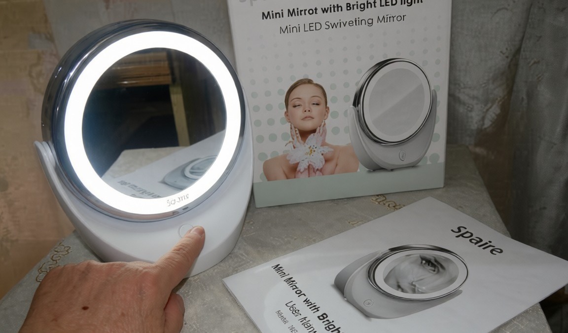 Specchio a LED con luce brillante, perfetto per trucchi e skincare, con design compatto e moderno. Ideale per il trucco e l'esposizione di dettagli del viso, facile da usare e trasportare.
