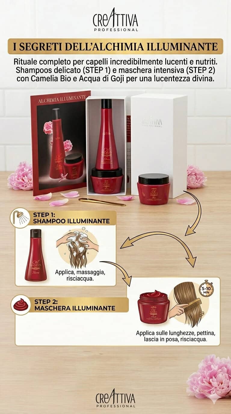 Kit di trattamenti illuminanti per capelli lucidi e morbidi, con shampoo delicato e maschera intensiva, ideale per un risultato professionale e brillante.