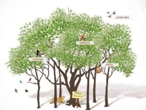 Esplorazione di un albero con ramoscelli che rappresentano diverse tematiche come vocazioni, curiosità, novità e ultime news, con scena di fauna e flora in un diagramma illustrativo.