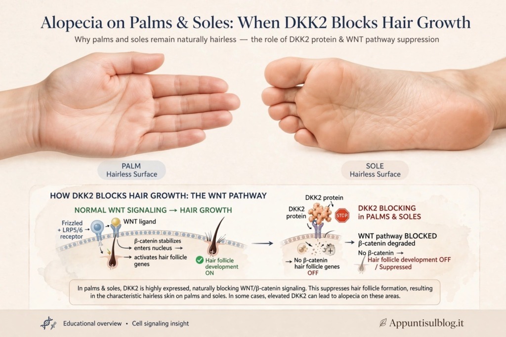Alopecia su palmi e piante dei piedi: Alopecia su Palmi e Pianta Piedi: Perché Non Crescono Peli?. infografica alopecia palmi piante piedi DKK2 blocca via WNT