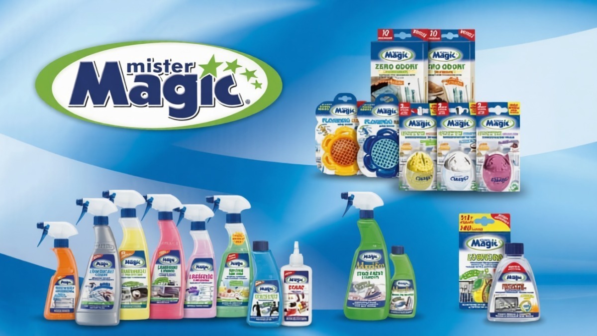 Mister Magic prodotti per la pulizia, spazzole e detergenti per la casa, immagine di assortimento di prodotti per la cura e la manutenzione domestica, immagini di spray.