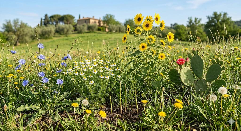 Vista di un campo con fiori selvatici e piante commestibili come la pianta di fico d'India, ideale per riconoscere erbe e semi selvatici commestibili.