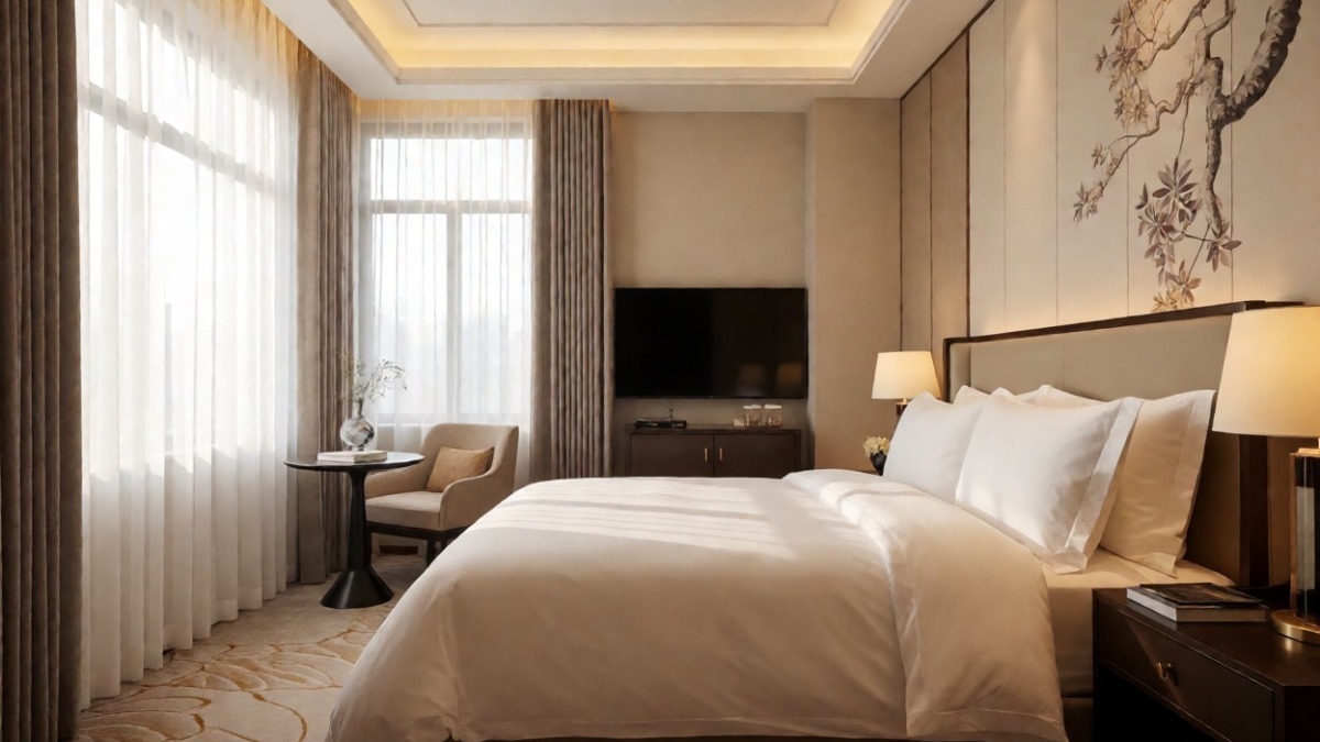 O casa: Camera da letto moderna con finestra luminosa, decorazioni eleganti e arredi confortevoli, hotel o Airbnb con TV, statue e tende scure.