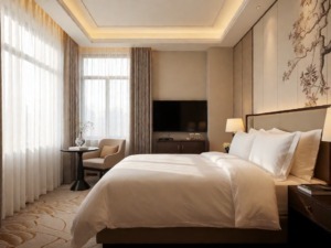 O casa: Camera da letto moderna con finestra luminosa, decorazioni eleganti e arredi confortevoli, hotel o Airbnb con TV, statue e tende scure.
