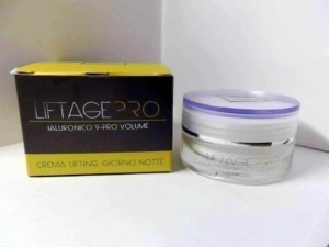 LIFTAGE PRO crema lifting giorno notte con acido ialuronico, confezione e prodotto viso in primo piano.