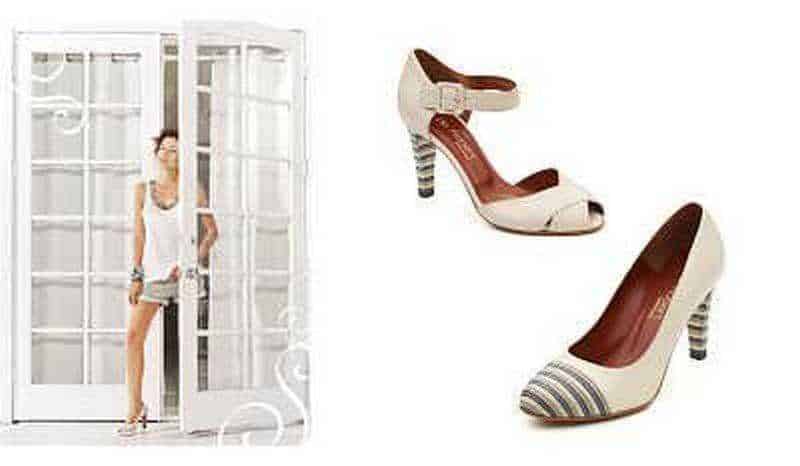 Elegante scarpa con tacco alto color crema con dettagli a righe nere e bianche, ideale per occasioni speciali e look femminili sofisticati.