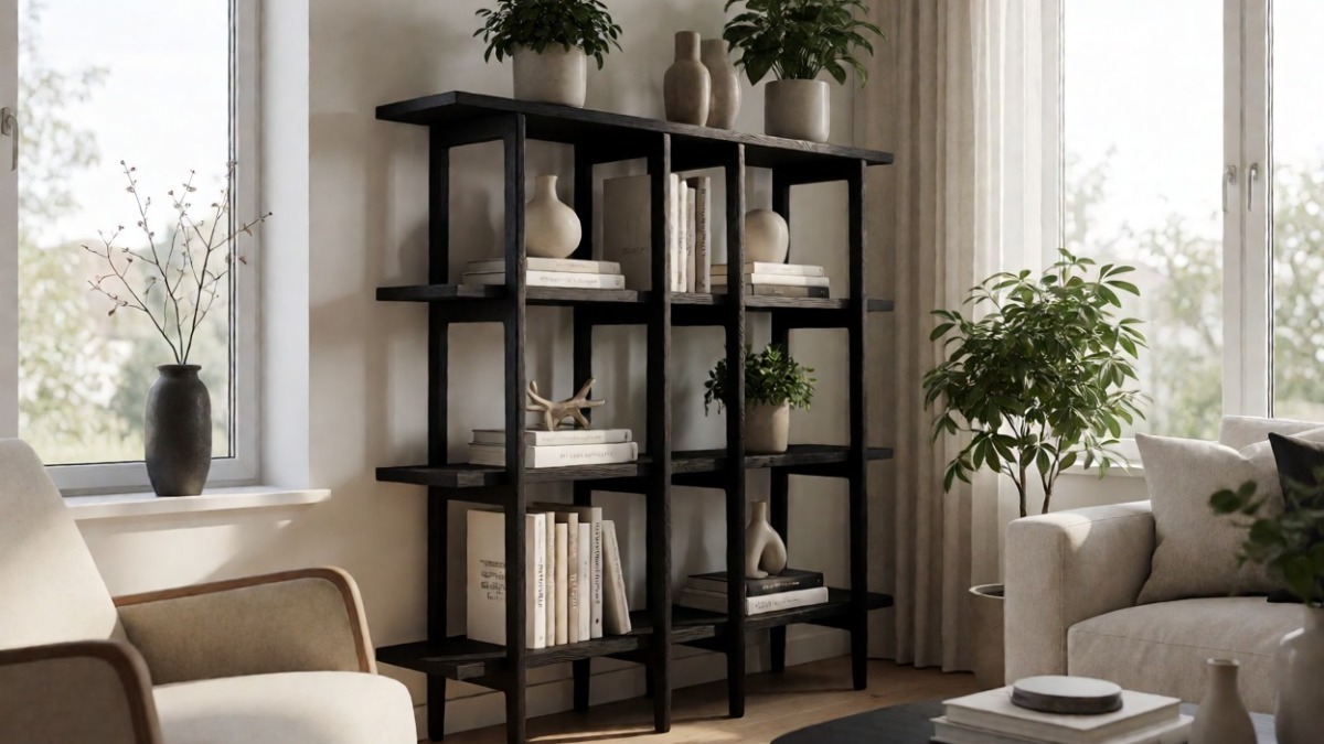 Estante moderna in soggiorno con libri e decorazioni, ambiente luminoso e contemporaneo, decorazione di interni elegante, stile minimalista, arredo di casa di qualità.