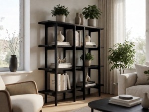 Estante moderna in soggiorno con libri e decorazioni, ambiente luminoso e contemporaneo, decorazione di interni elegante, stile minimalista, arredo di casa di qualità.