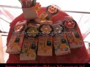 Colla allegata mostra un set di oggetti di cancelleria e decorazioni colorate, tra cui penne, blocchi di carta, e decorazioni a forma di fiore.