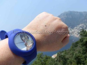 Orologio da polso con quadrante con immagine di un cane, sfondo montano e naturale, accessorio di moda e stile di vita all'aperto, vista panoramica pittoresca.
