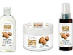 OMIA prodotti per capelli a base di olio di argan, shampoo, maschera e Olio Capelli biologico, confezioni per cura e salute dei capelli, ingredienti naturali.