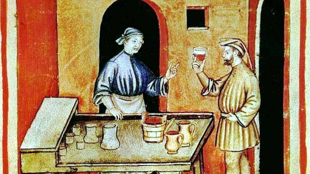 Calice di vino rosso medievale tra due persone in una scena storica, rappresentazione artistica in stile antico.