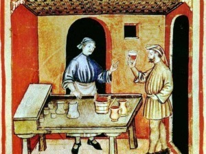 Calice di vino rosso medievale tra due persone in una scena storica, rappresentazione artistica in stile antico.
