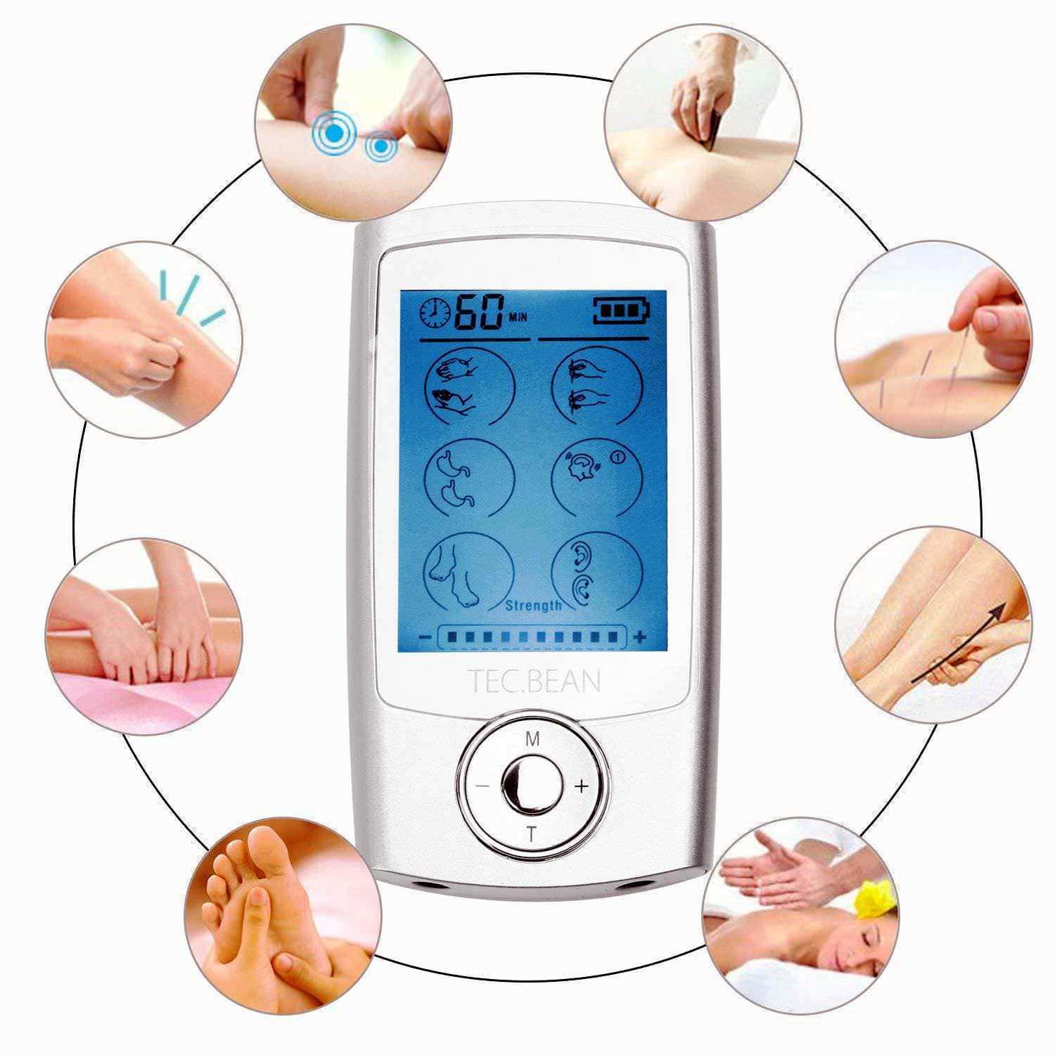 Sensore di elettroacupuntura con vari apparecchi di terapia e massaggi per il benessere del corpo e della mente, ideale per trattamenti rilassanti e di stimolazione nervosa.