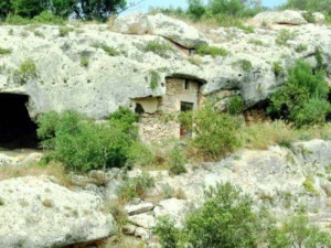 Antiche case troglodite scavate nella roccia, situate in un paesaggio naturale con vegetazione rigogliosa, testimonianze di insediamenti storici e architettonici in ambiente rurale.
