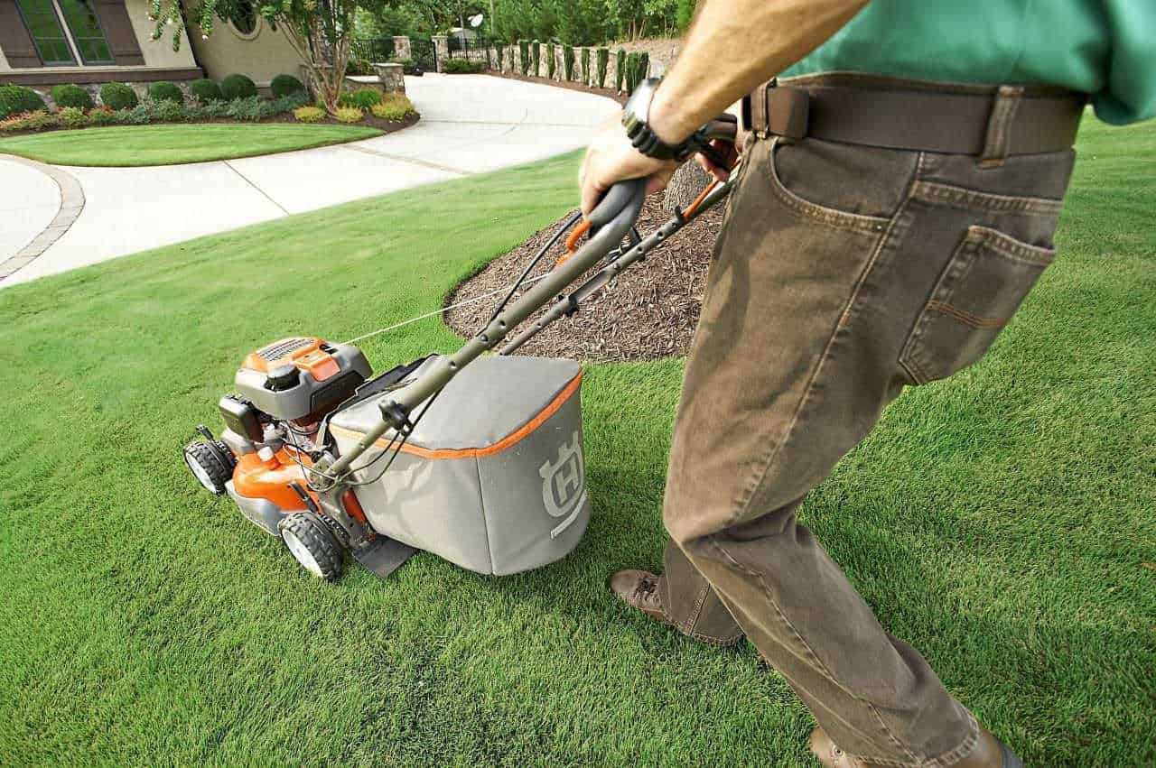 Uomo che falcia il prato con tosaerba a motore in giardino, cura il prato verde curato e ben tenuto, manutenzione del giardino, strumenti per curare il verde domestico.