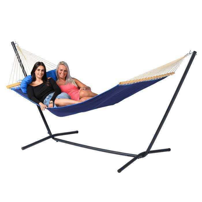 Comfy double hammock with iron stand for relaxing outdoor outdoor leisure time.