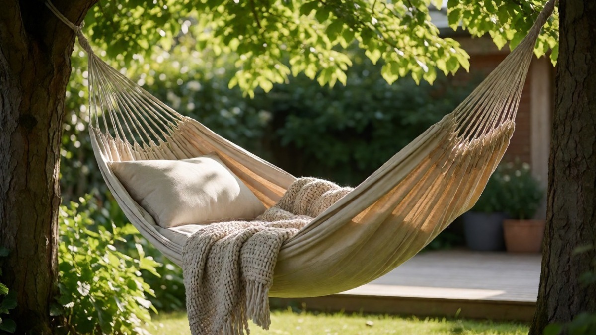 Relaxing in a stylish hammock in a lush garden setting, two women enjoying a peaceful moment outdoors, perfect for leisure and relaxation.